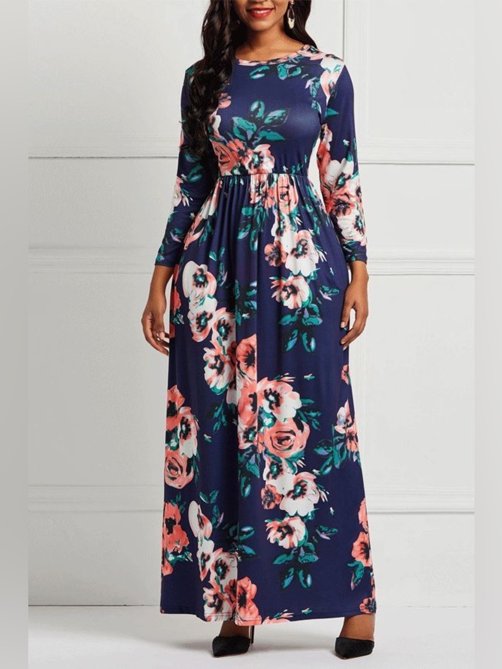 • Women’s Navy Floral Print Long Sleeve Maxi Dress